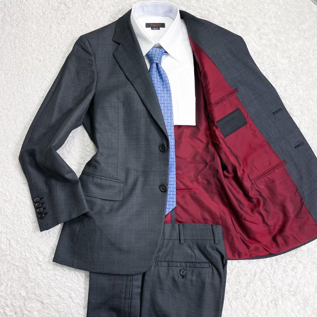 美品PRADA スーツ 46-8C チャコールグレー バーズアイ イタリア製