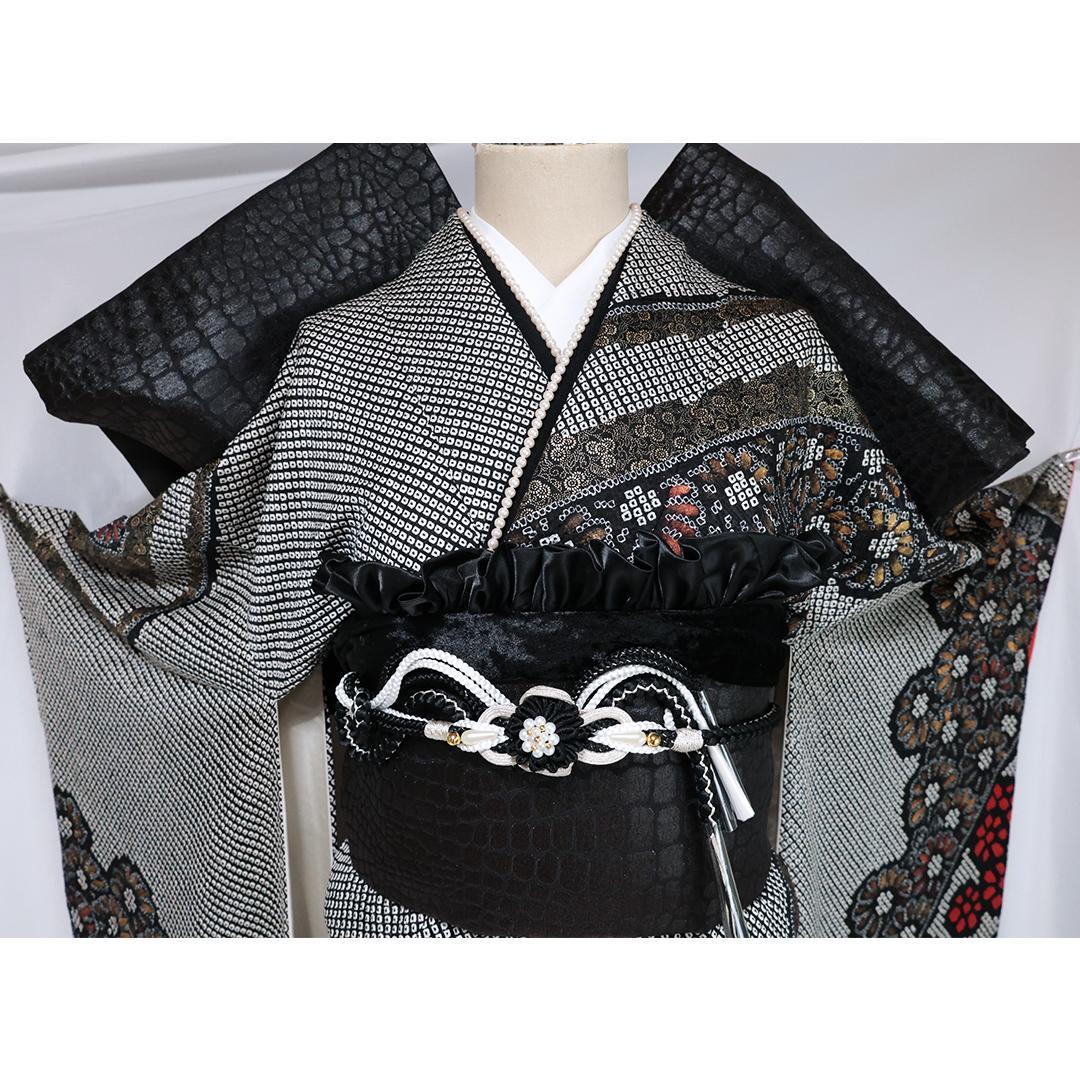 総絞り黒振袖7点セット■166.5cm帯新品帯締め帯揚げフルセット成人式RS20