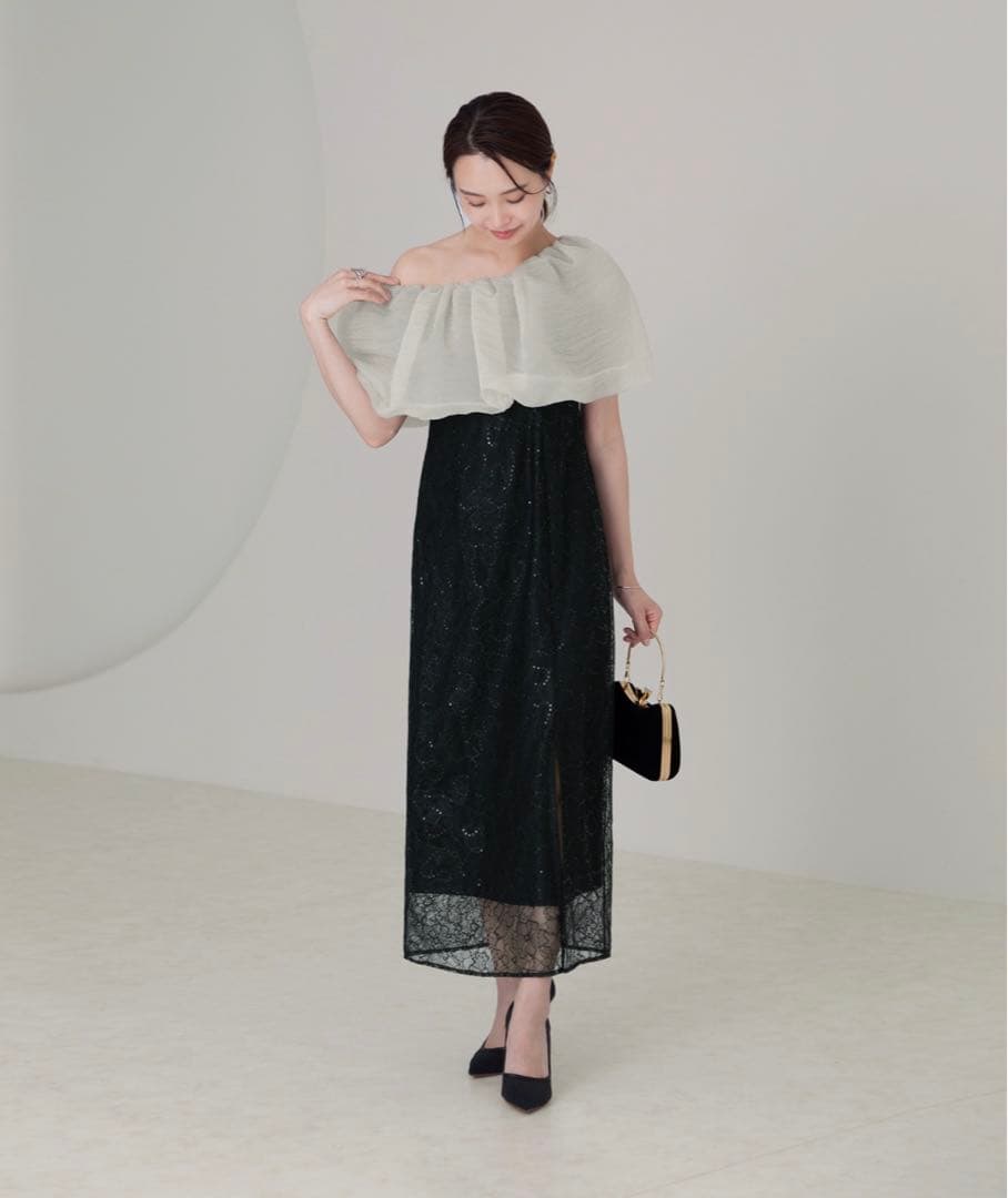 新品【LEJA】2WAYオフショルダーパフスリーブスリットIラインロングドレス