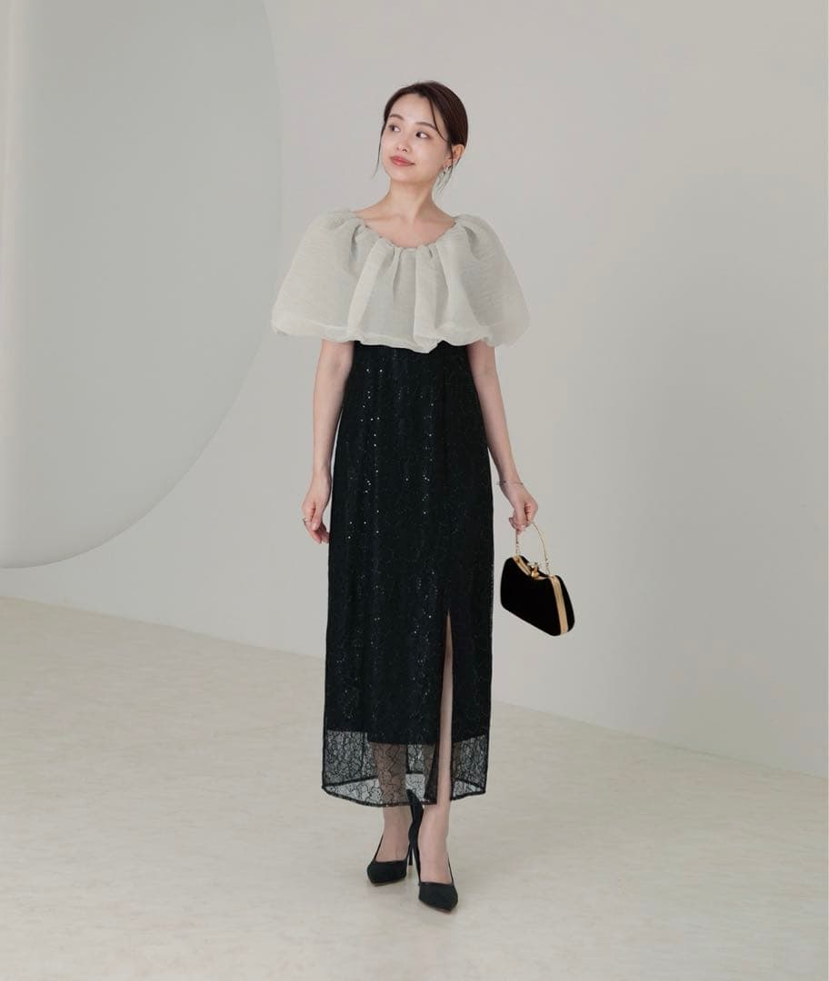 新品【LEJA】2WAYオフショルダーパフスリーブスリットIラインロングドレス