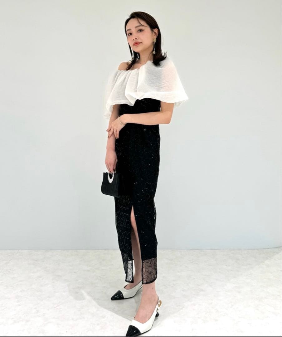 新品【LEJA】2WAYオフショルダーパフスリーブスリットIラインロングドレス