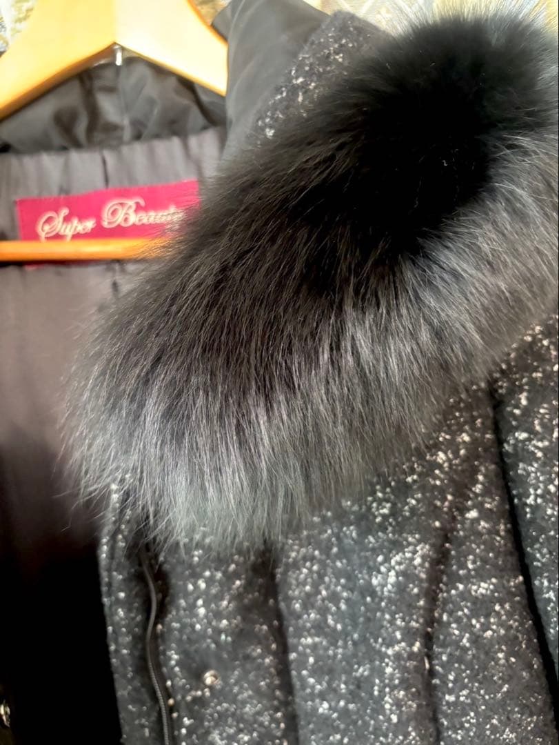 SUPER BEAUTY ブルーフォックスファーツィード切替ダウンコート