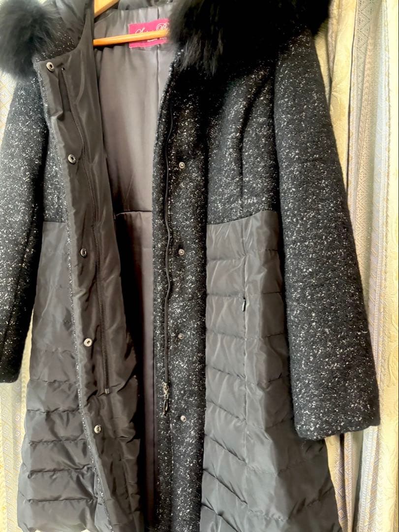 SUPER BEAUTY ブルーフォックスファーツィード切替ダウンコート