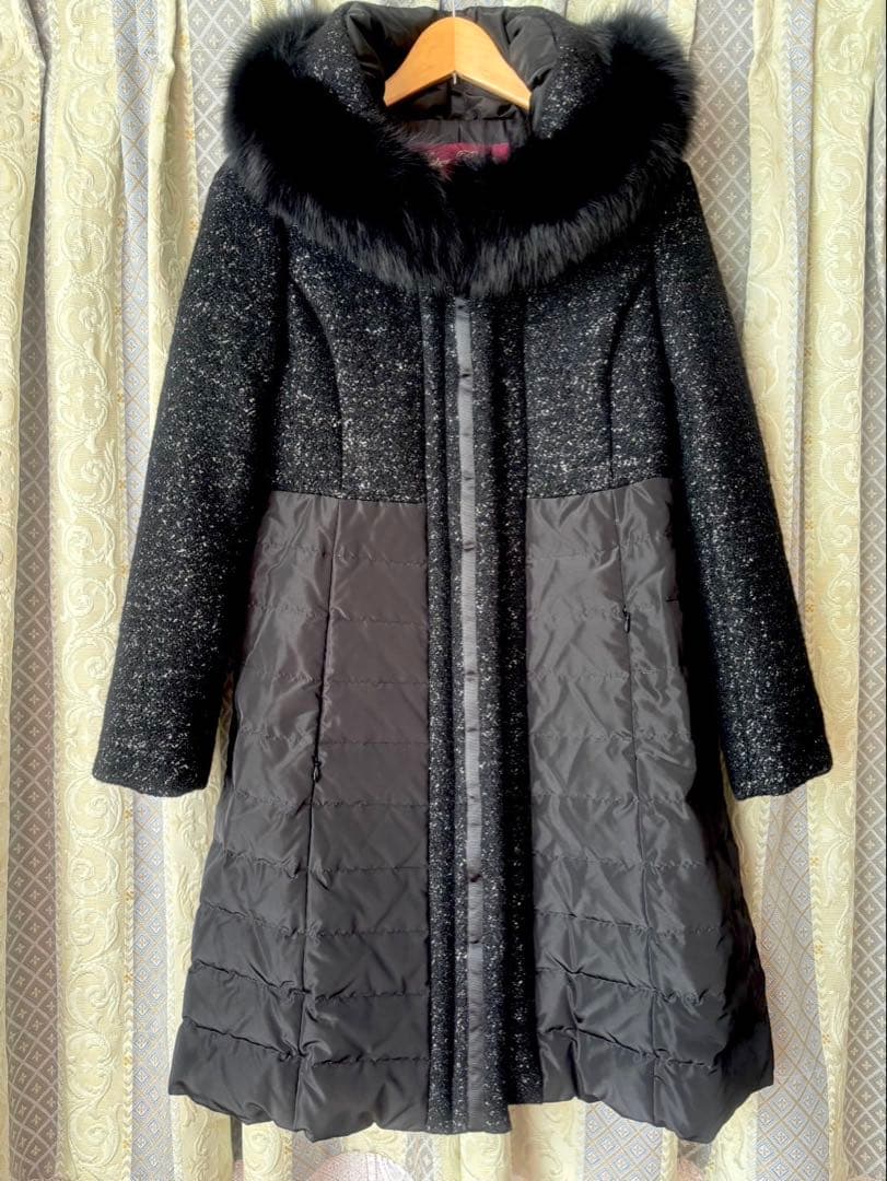 SUPER BEAUTY ブルーフォックスファーツィード切替ダウンコート