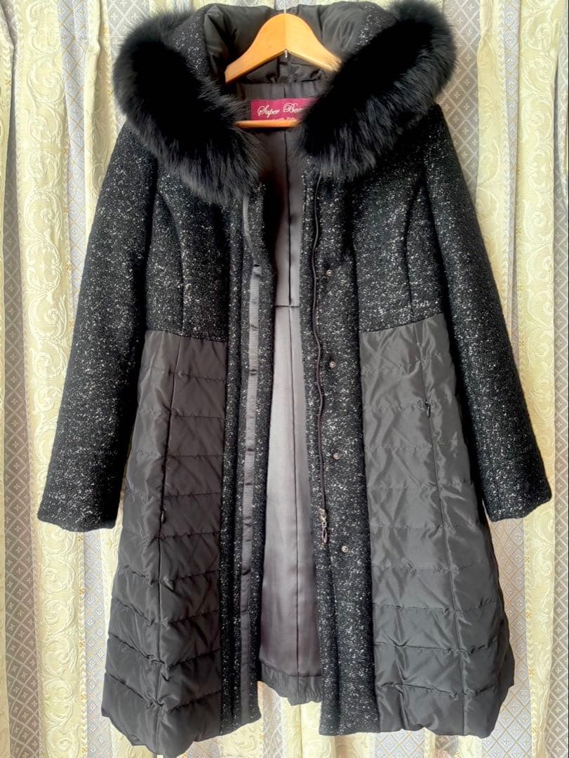 SUPER BEAUTY ブルーフォックスファーツィード切替ダウンコート