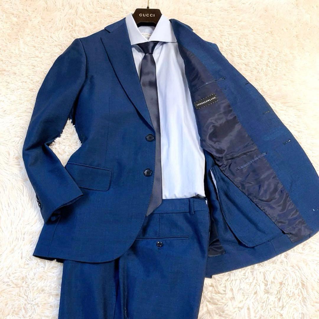 【英国製生地・美品】TOMORROWLAND　スーツ　ブルー　48　モヘヤ　春夏