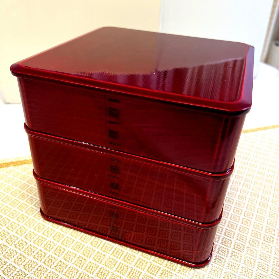 【未使用品】飛騨春慶塗紅　三段重箱　6寸　曲木三段重箱　天然木