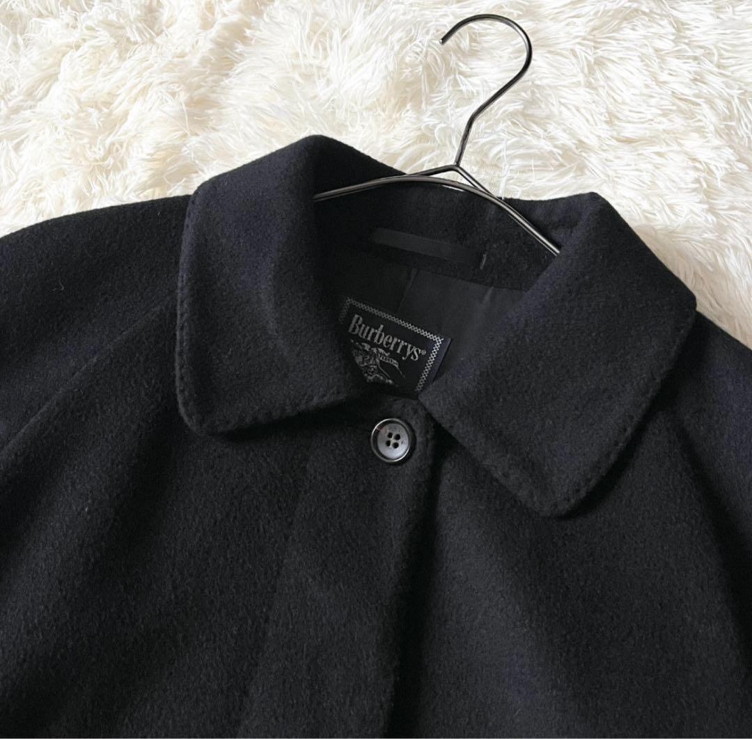 M バーバリーズ カシミア100 比翼 ステンカラーコート ブラック ロング丈