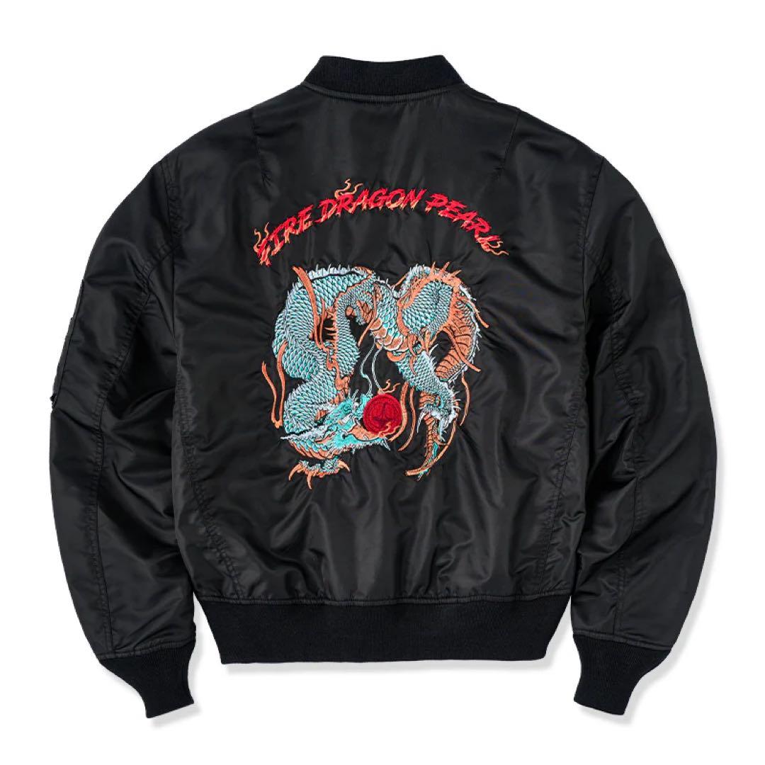 KaraKuｘ中坪宏太 咆哮している緑色の龍刺繡入り　浮世絵風フライトジャケット