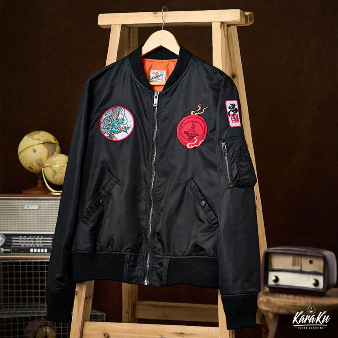 KaraKuｘ中坪宏太 咆哮している緑色の龍刺繡入り　浮世絵風フライトジャケット