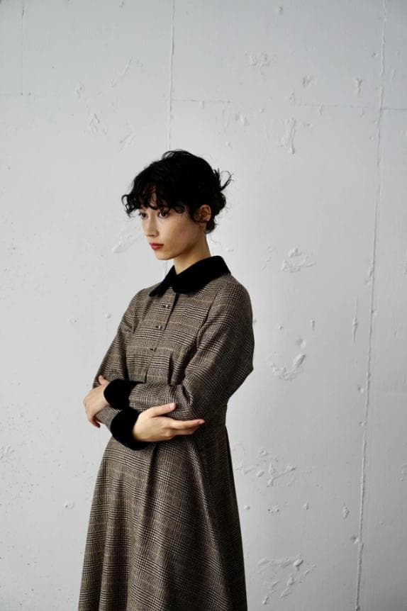 foufou グレンチェックラウンドカラーワンピース