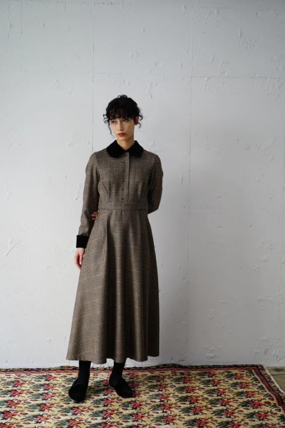 foufou グレンチェックラウンドカラーワンピース