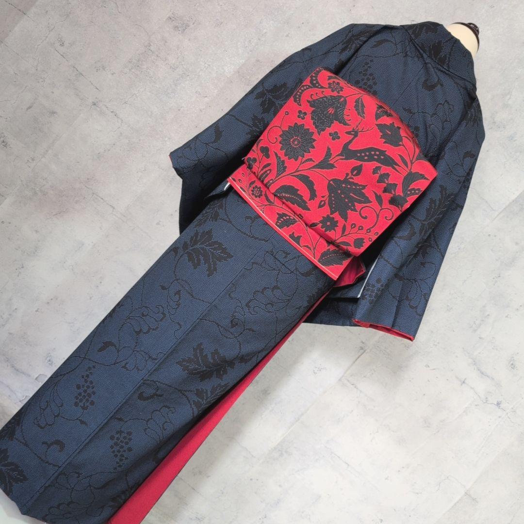 小紋　フルセット　着物　正絹　紺青　群青　ぶどう　蔦　おしゃれ　粋　F2