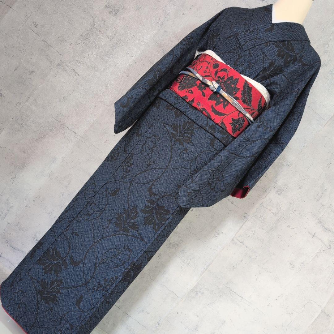 小紋　フルセット　着物　正絹　紺青　群青　ぶどう　蔦　おしゃれ　粋　F2