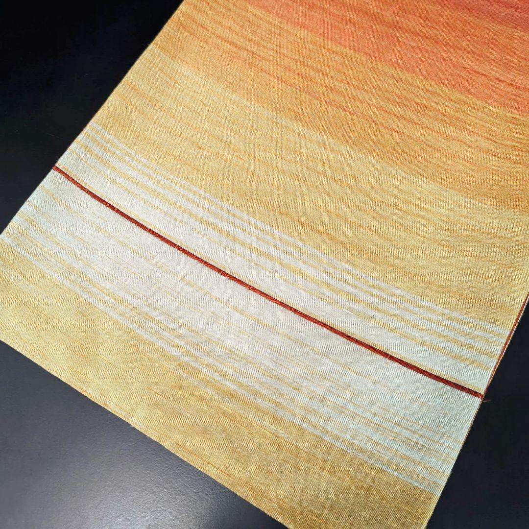 H-286 袋帯 正絹 全通 紬 グラデーション 赤 オレンジ 黄 白