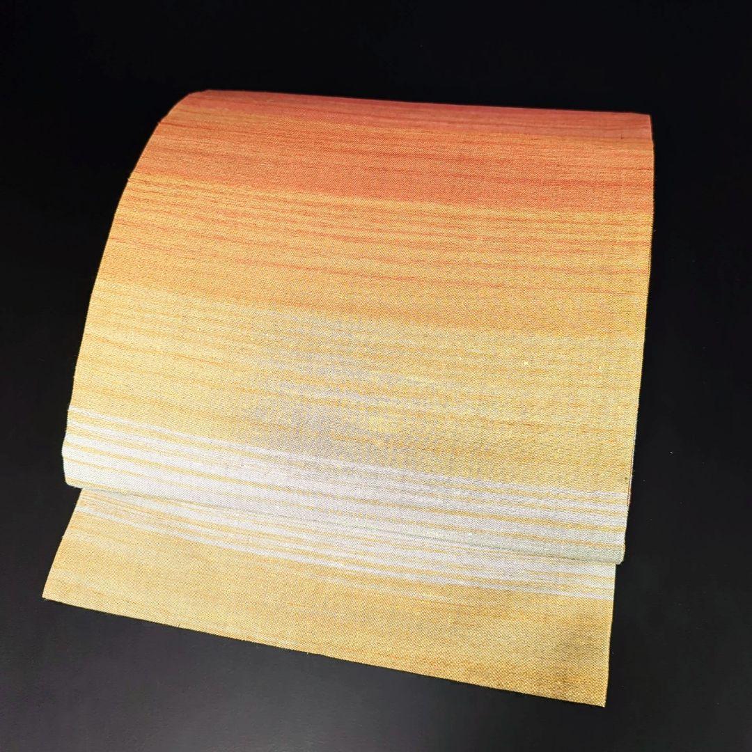 H-286 袋帯 正絹 全通 紬 グラデーション 赤 オレンジ 黄 白