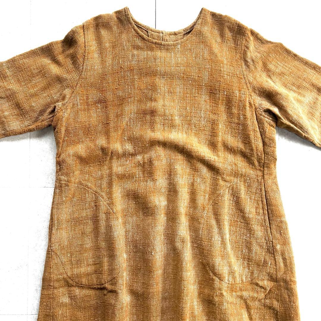 美品　うさと　usaato 天然草木染　ノーカラー　Aラインワンピース　手織り