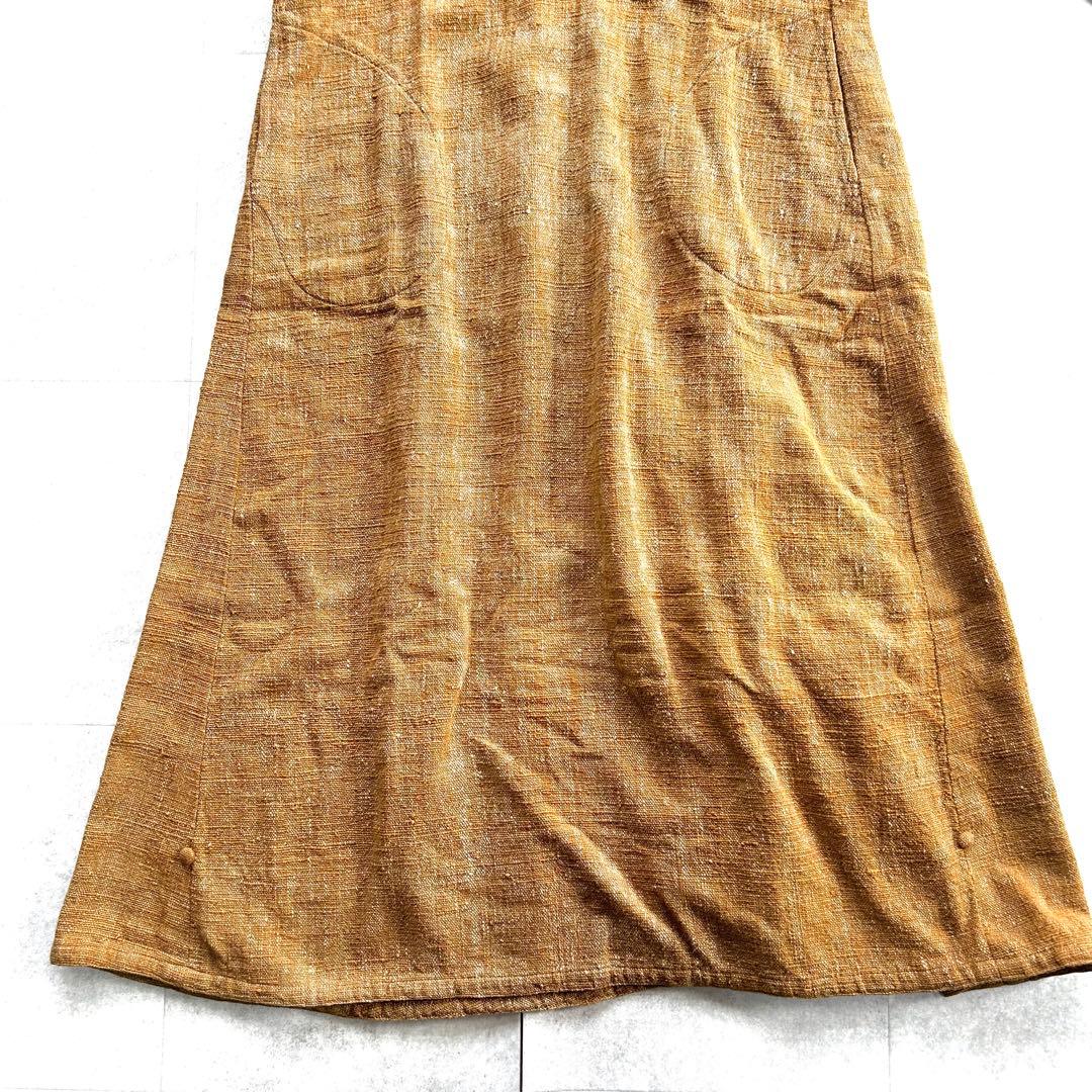 美品　うさと　usaato 天然草木染　ノーカラー　Aラインワンピース　手織り