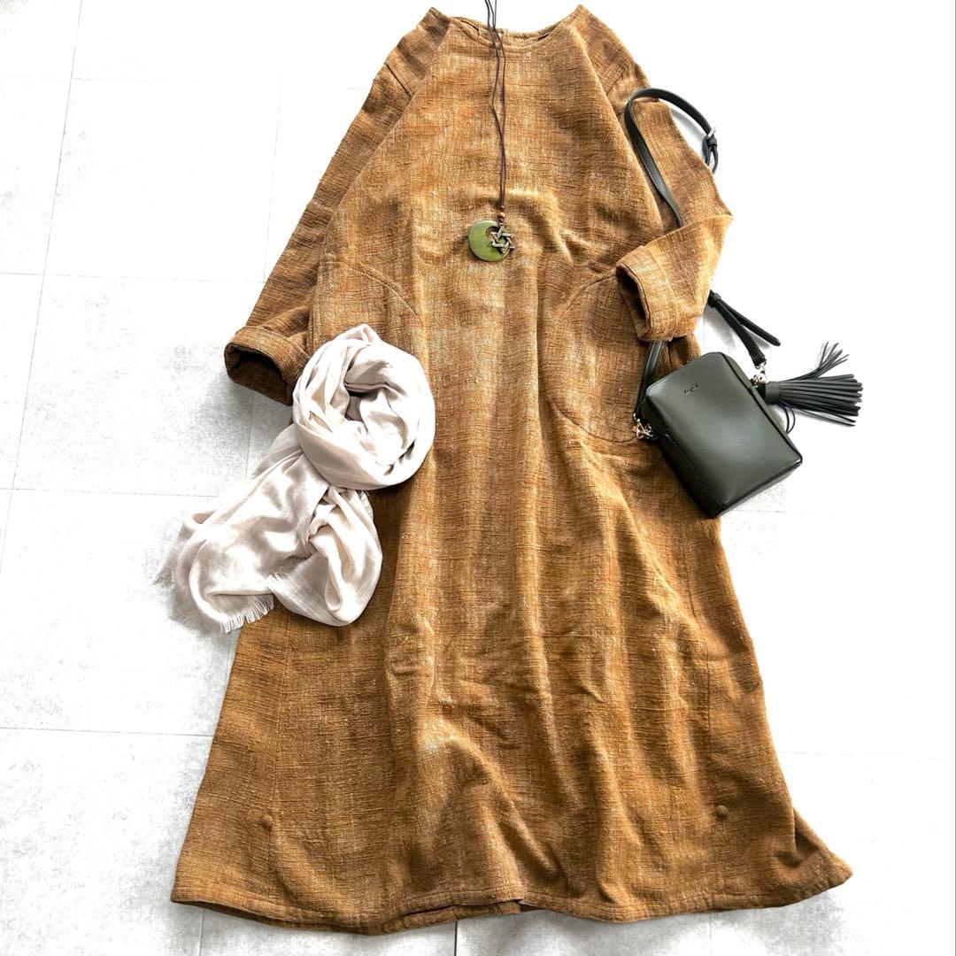 美品　うさと　usaato 天然草木染　ノーカラー　Aラインワンピース　手織り