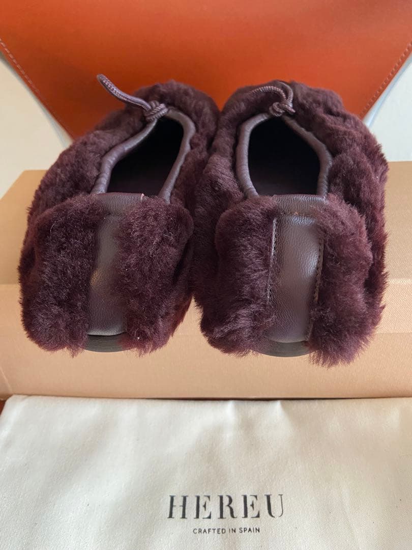 HEREU へリュー　ファー　バレエ フラットシューズ　ボルドー　38 ムートン