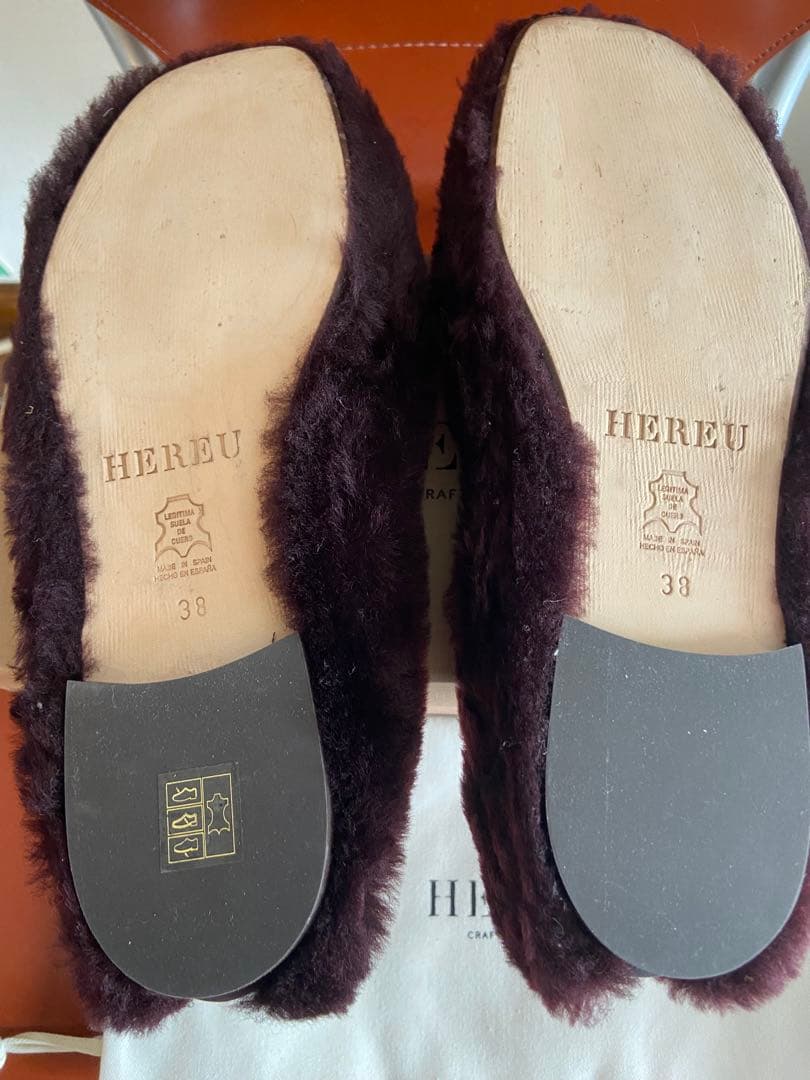 HEREU へリュー　ファー　バレエ フラットシューズ　ボルドー　38 ムートン
