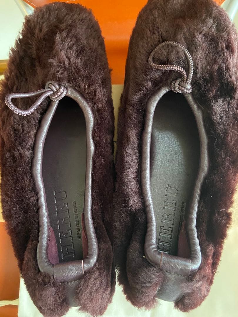 HEREU へリュー　ファー　バレエ フラットシューズ　ボルドー　38 ムートン