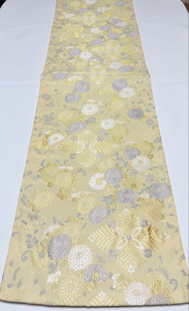 高級 袋帯 六通柄 唐織 ベージュ 七宝柄 フォーマル 訪問着 留袖 色無地