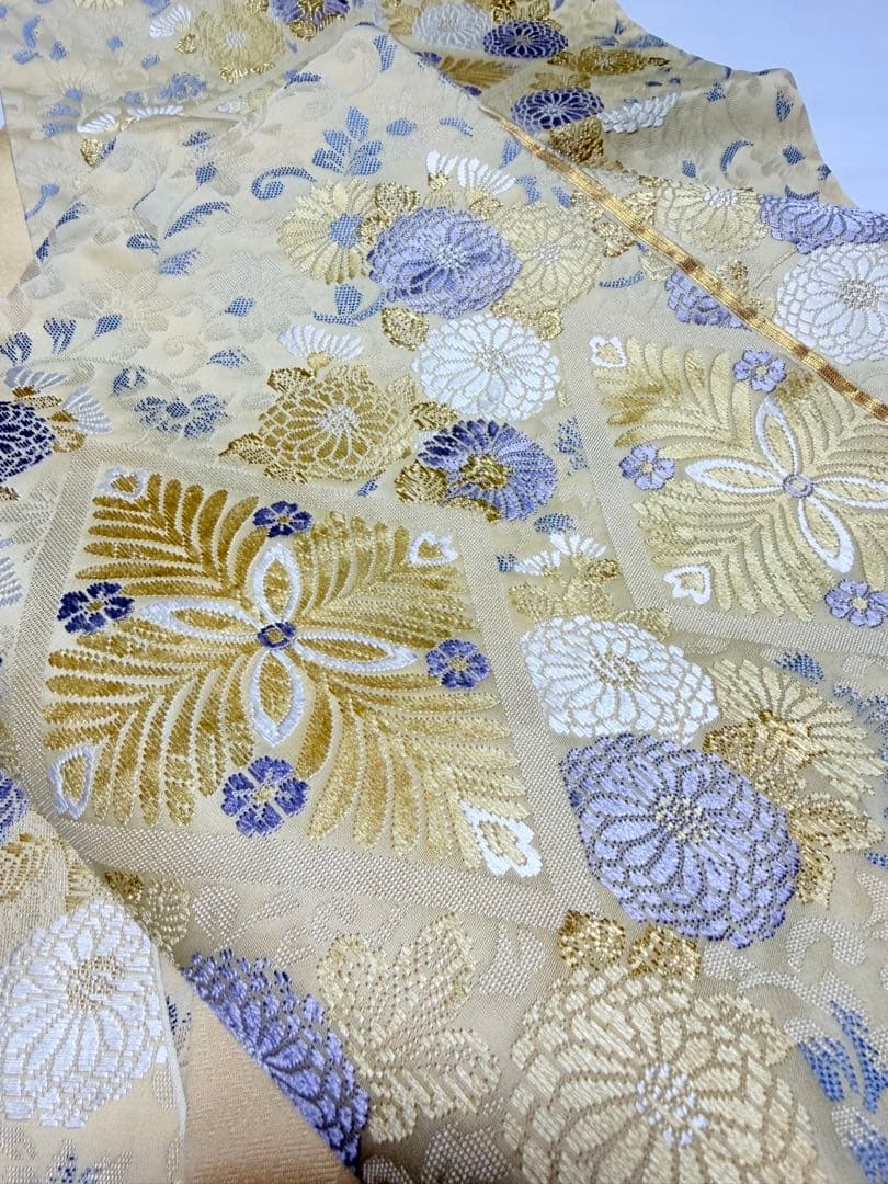 高級 袋帯 六通柄 唐織 ベージュ 七宝柄 フォーマル 訪問着 留袖 色無地