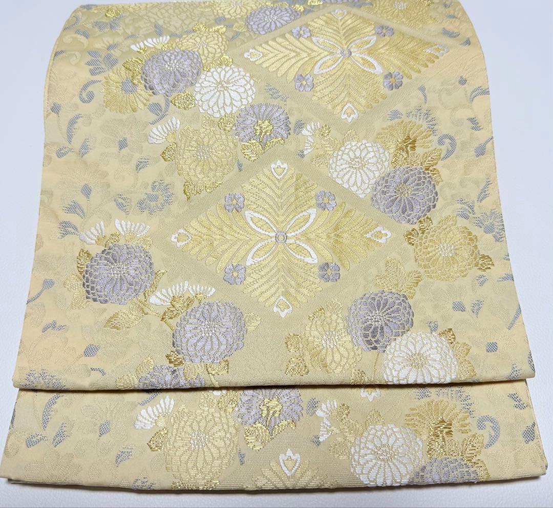 高級 袋帯 六通柄 唐織 ベージュ 七宝柄 フォーマル 訪問着 留袖 色無地