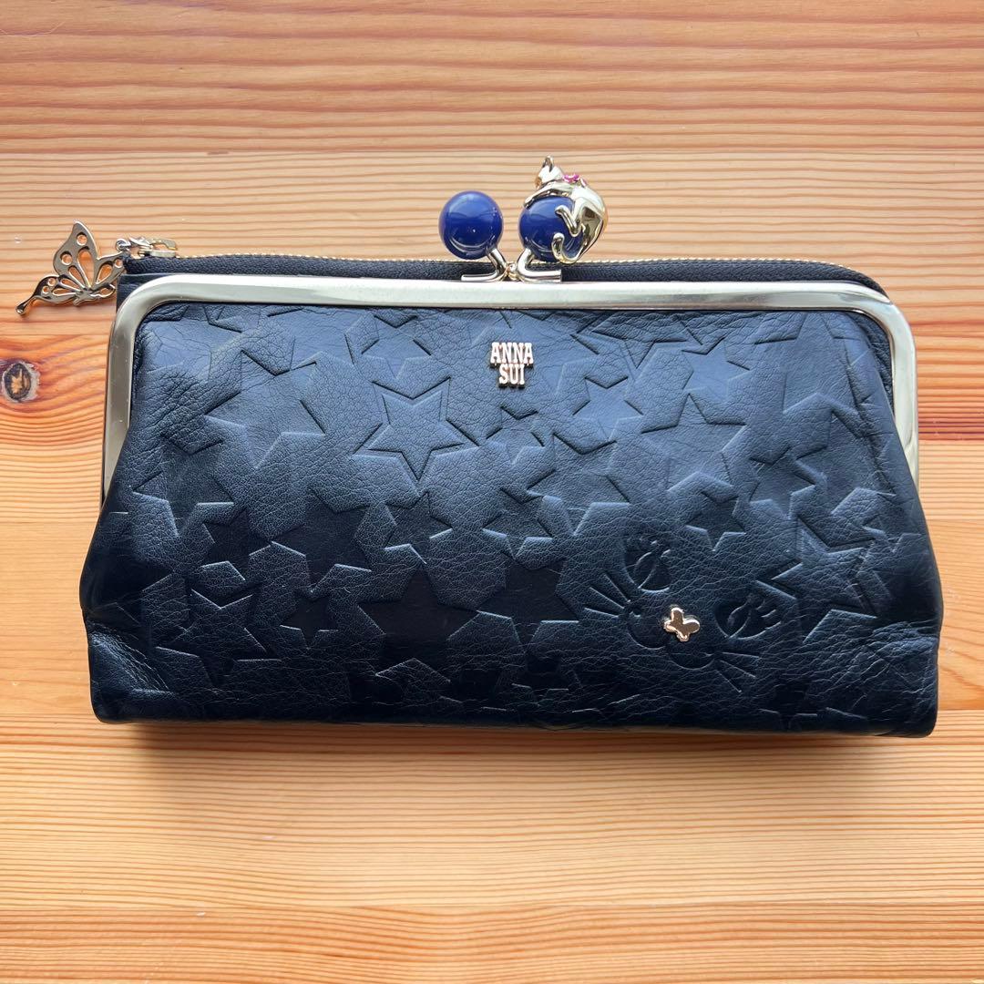 美品 ANNA SUI プレイングキャット 長財布 がま口 ブラック