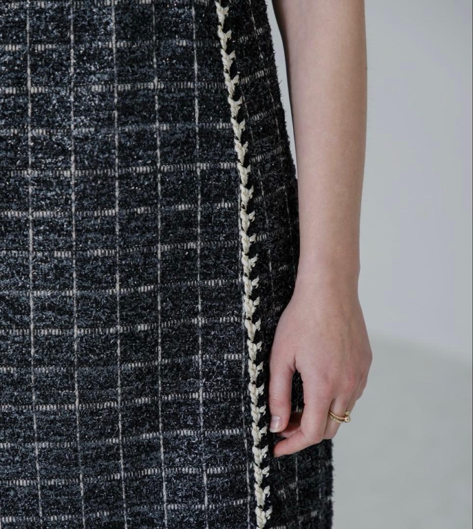 【1度のみの着用】LEJA ツイード柄ハイウエストソフトパフスリーブドレス　M