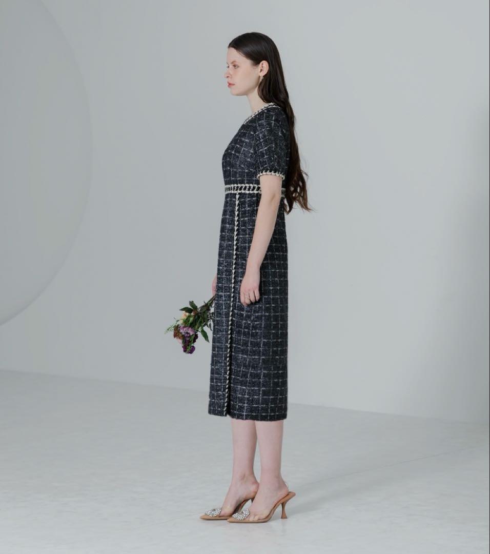 【1度のみの着用】LEJA ツイード柄ハイウエストソフトパフスリーブドレス　M