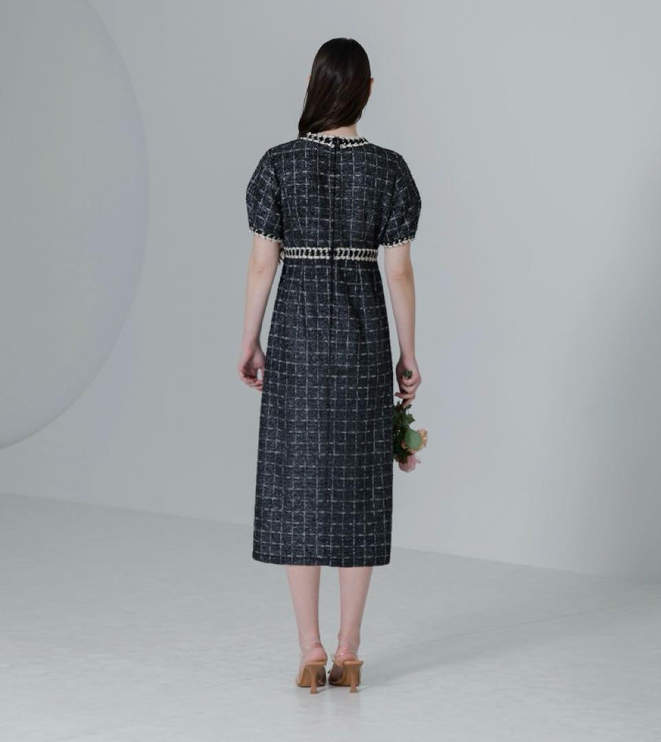 【1度のみの着用】LEJA ツイード柄ハイウエストソフトパフスリーブドレス　M