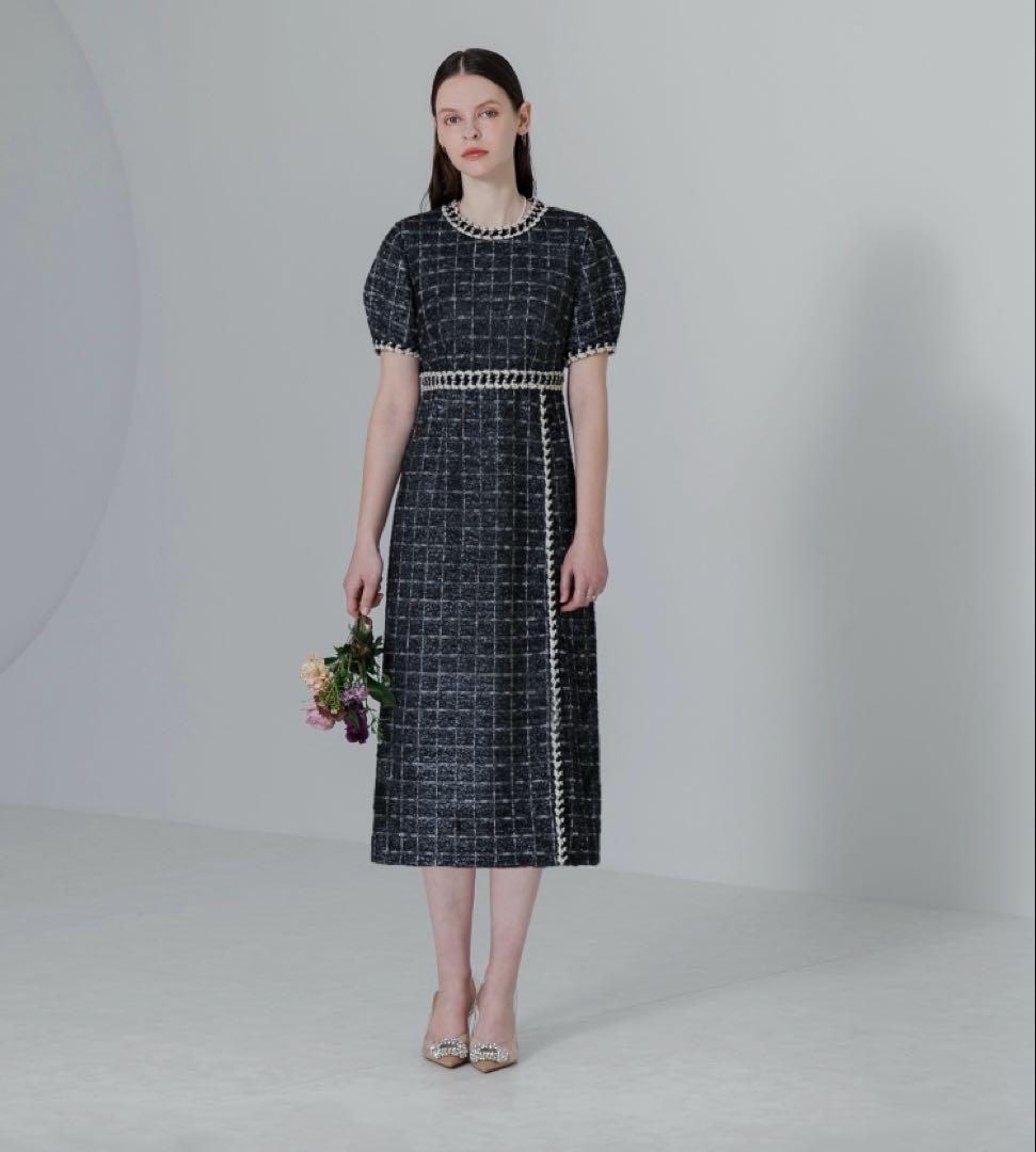 【1度のみの着用】LEJA ツイード柄ハイウエストソフトパフスリーブドレス　M