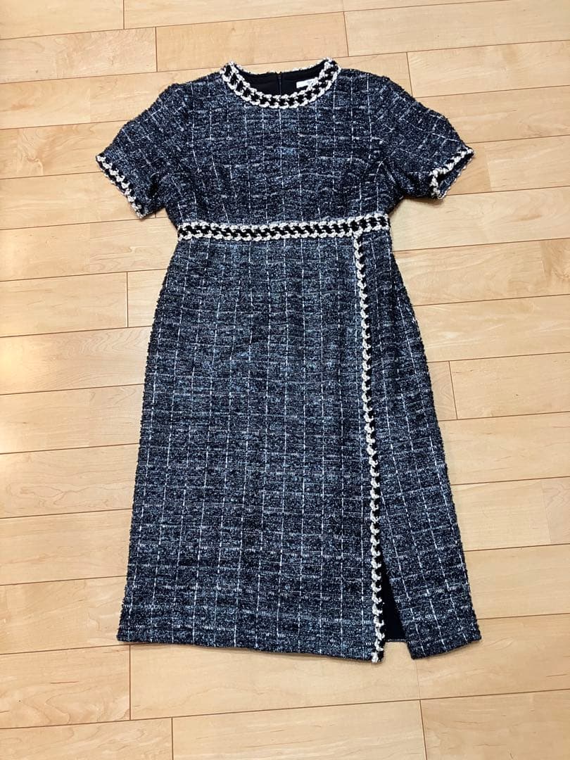 【1度のみの着用】LEJA ツイード柄ハイウエストソフトパフスリーブドレス　M