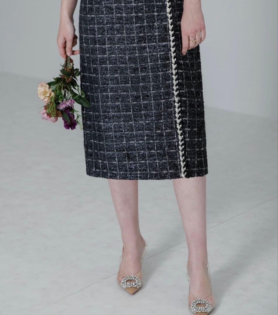 【1度のみの着用】LEJA ツイード柄ハイウエストソフトパフスリーブドレス　M