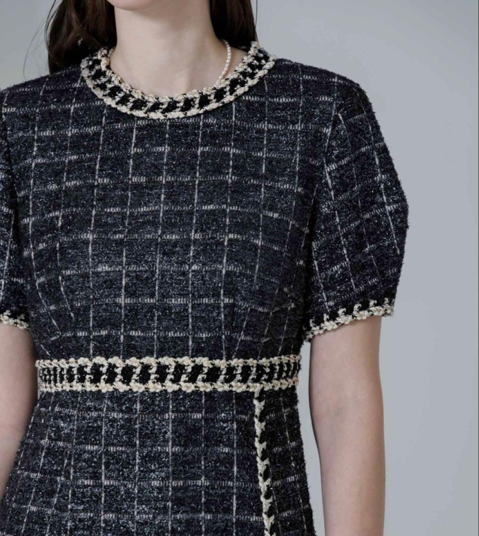 【1度のみの着用】LEJA ツイード柄ハイウエストソフトパフスリーブドレス　M