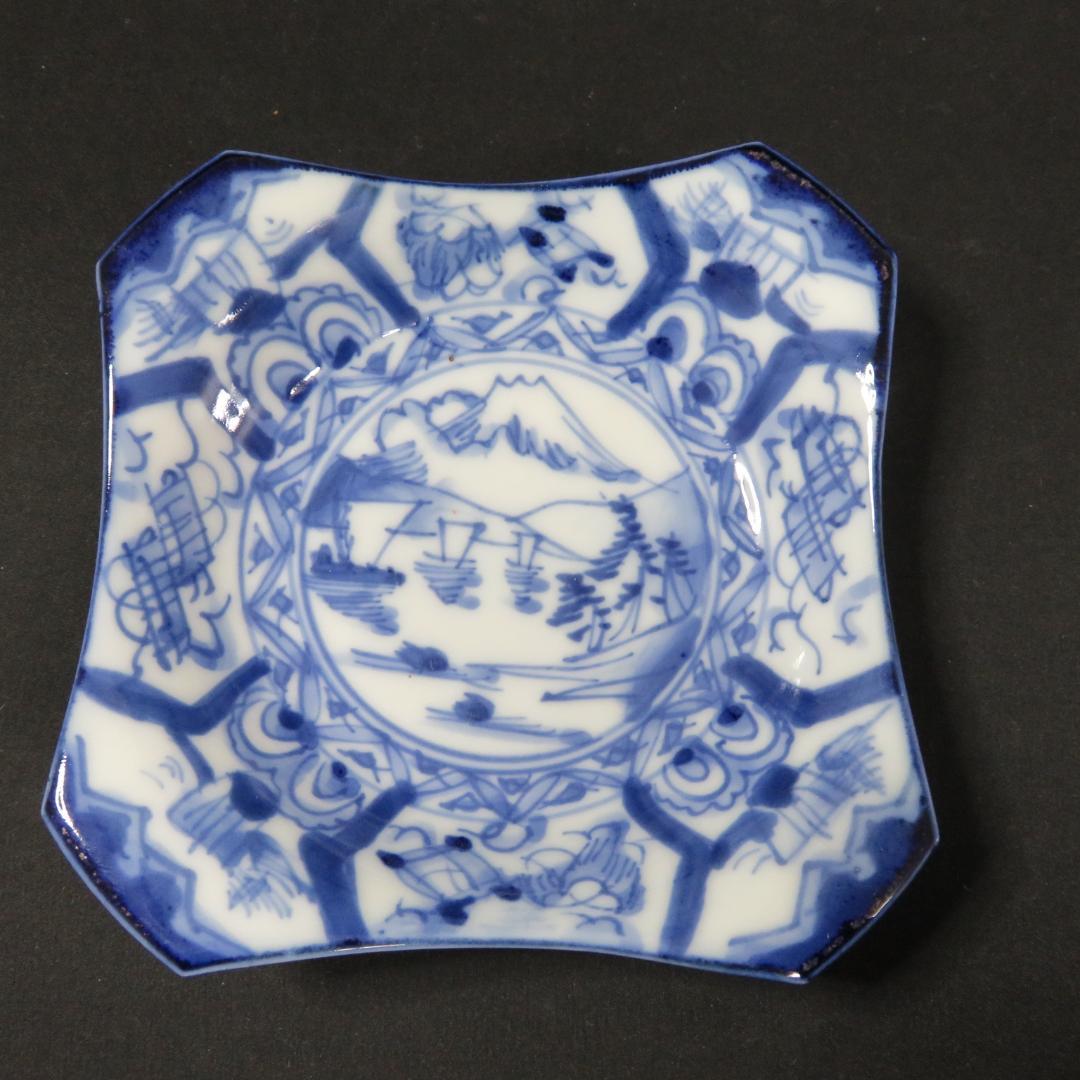 小皿 7枚 富士山 染付 古伊万里 山水 巻物 角皿 変形皿 江戸　バラ売り可