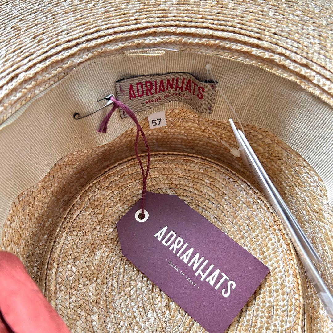 未使用　イタリア製　ストローハット　紫外線対策 スカーフリボン付　　麦わら帽子