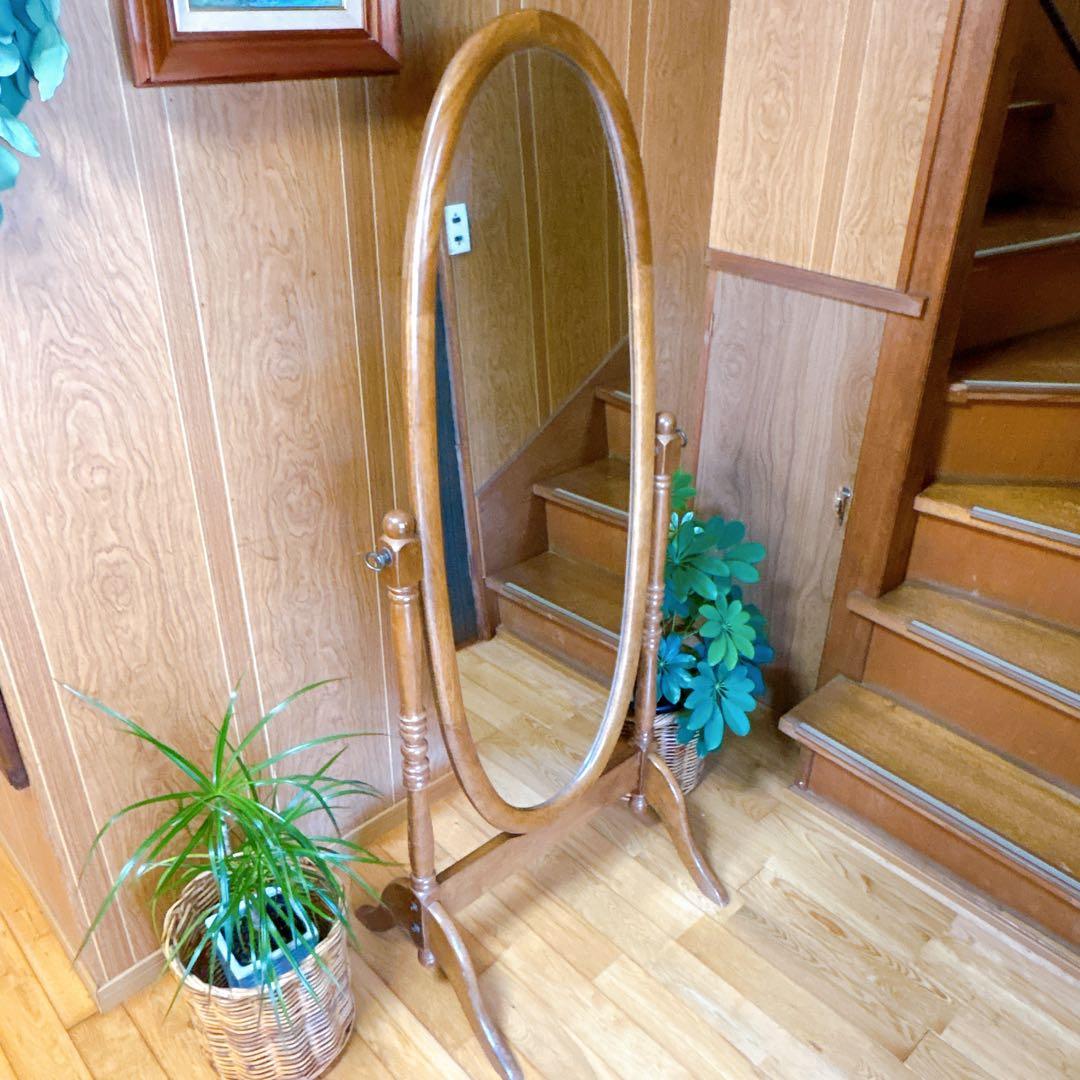 アンティーク　木製　全身鏡　スタンドミラー　ヴィンテージ　オーバル