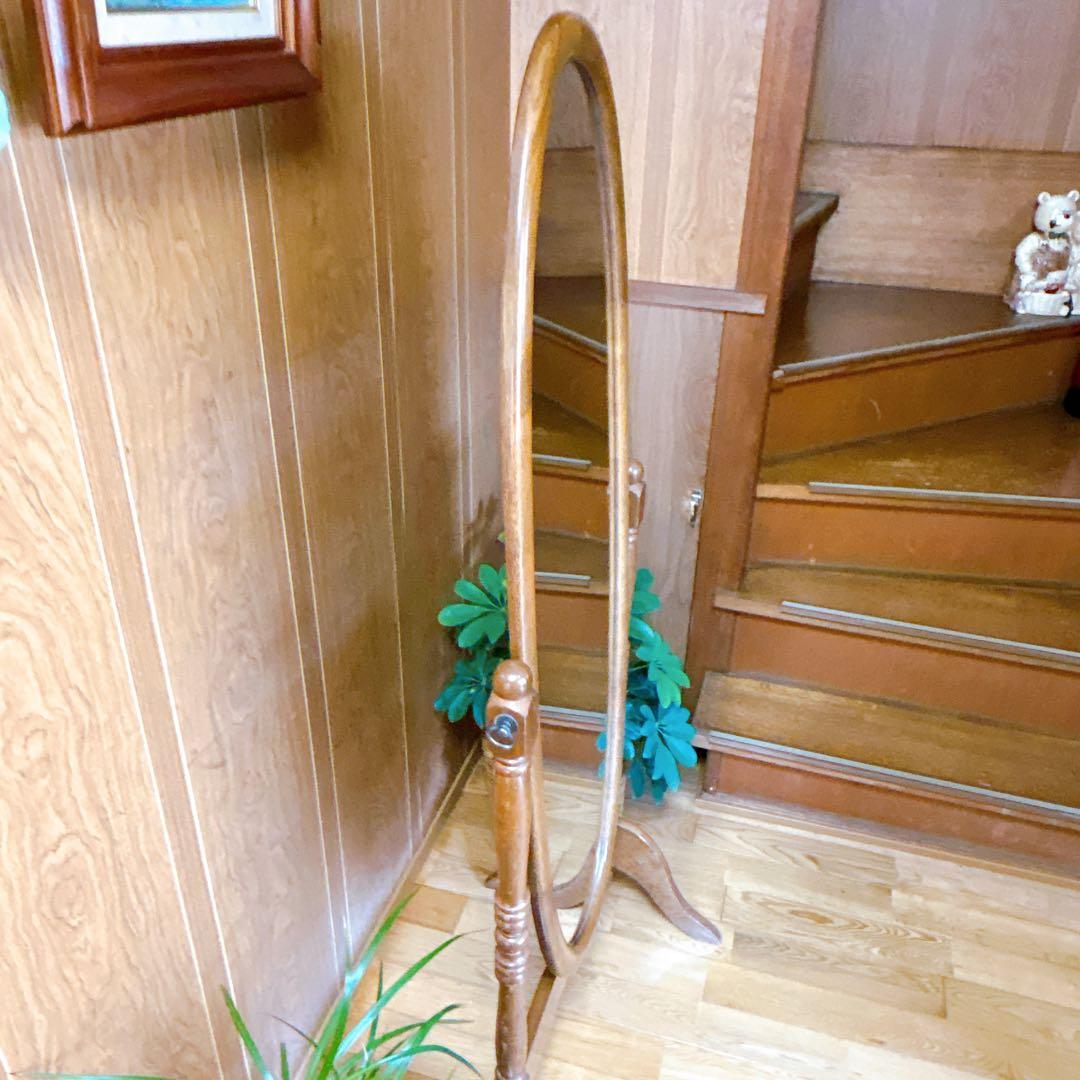 アンティーク　木製　全身鏡　スタンドミラー　ヴィンテージ　オーバル