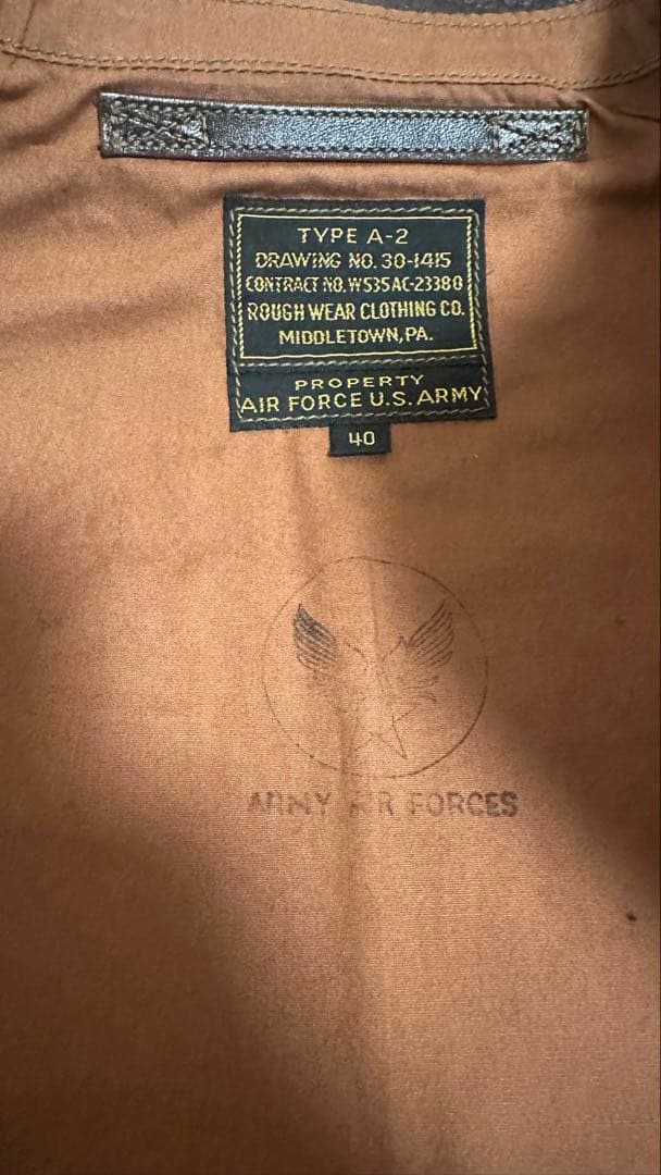 レインボーカントリー　A-2 レザー ジャケット 40 ダークシール