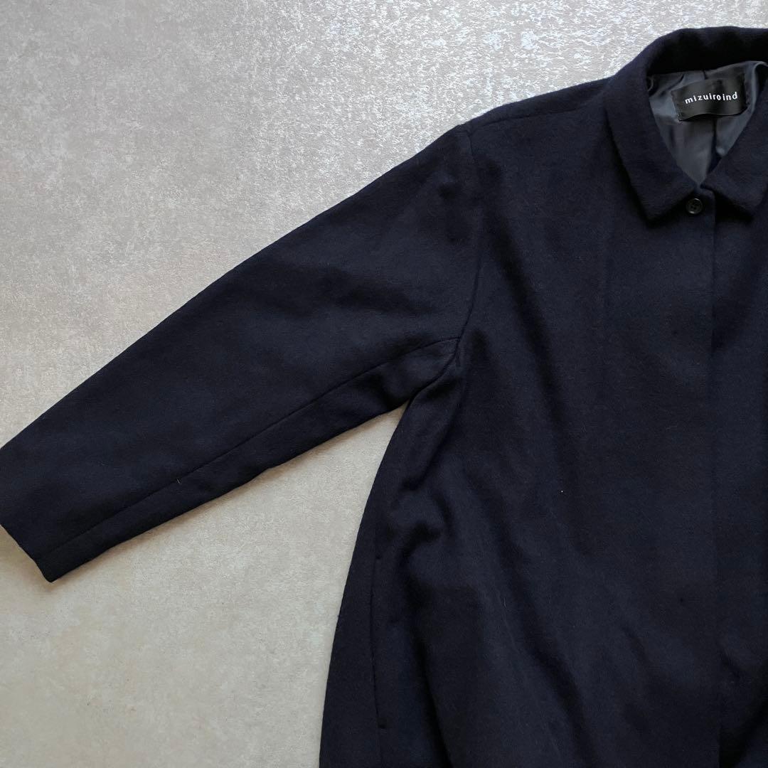 ミズイロインド ステンカラーコート Aライン フレア ロングコート ネイビー