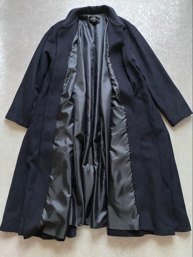 ミズイロインド ステンカラーコート Aライン フレア ロングコート ネイビー