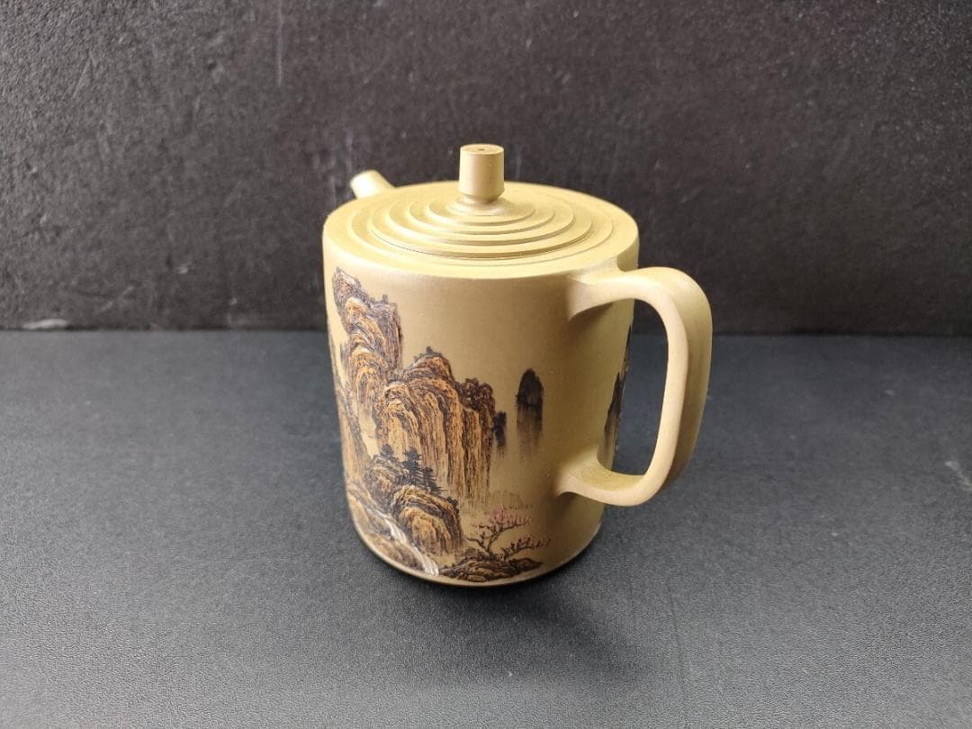 中国宜興 紫砂壺 (急須） 山水画文 古玩中国茶器 急須 志成作 丙子年 水注