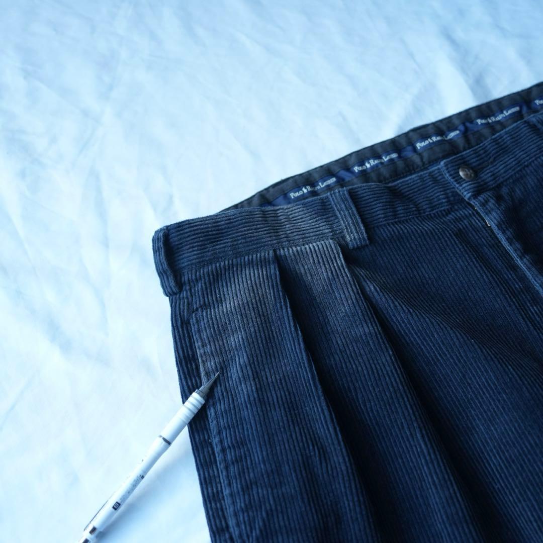 90s ラルフローレン ワイドコーデュロイパンツ　ネイビー　38/30 古着
