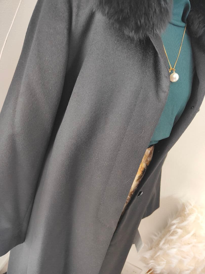 【大きいサイズ15号】高級100%カシミヤコート新品ブルーフォックスファー着痩せ