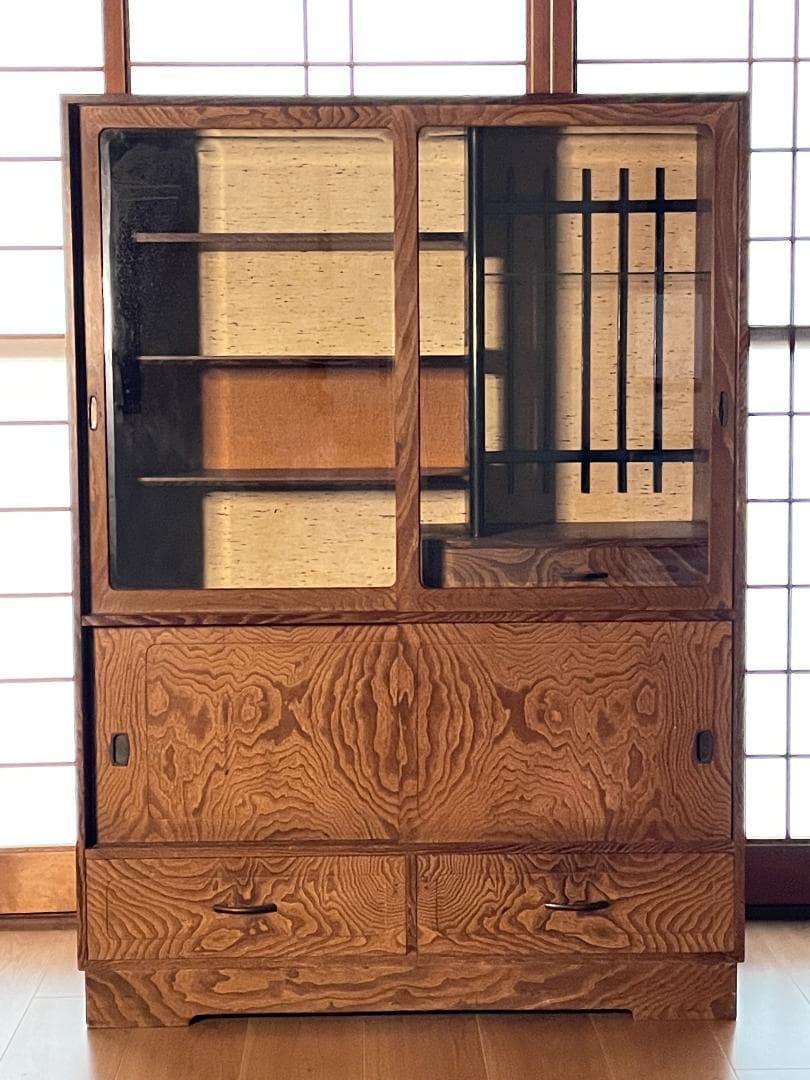 【昭和レトロ】 木製食器棚｜幅88cm｜ガラス引き戸付き｜飾り棚／収納棚｜天然木