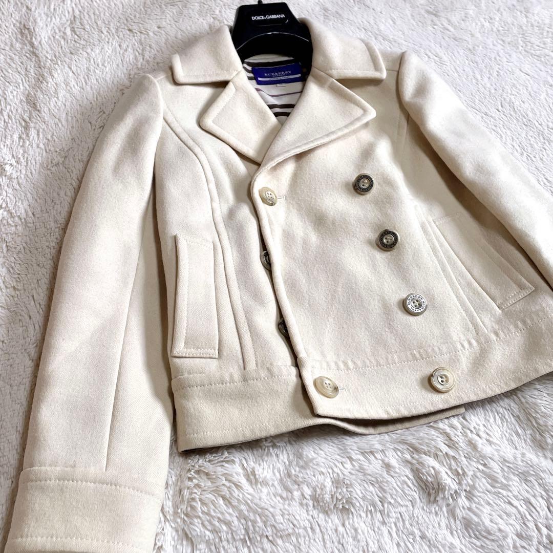 美品 バーバリーブルーレーベル ノバチェック ウール Pコート ジャケット 白