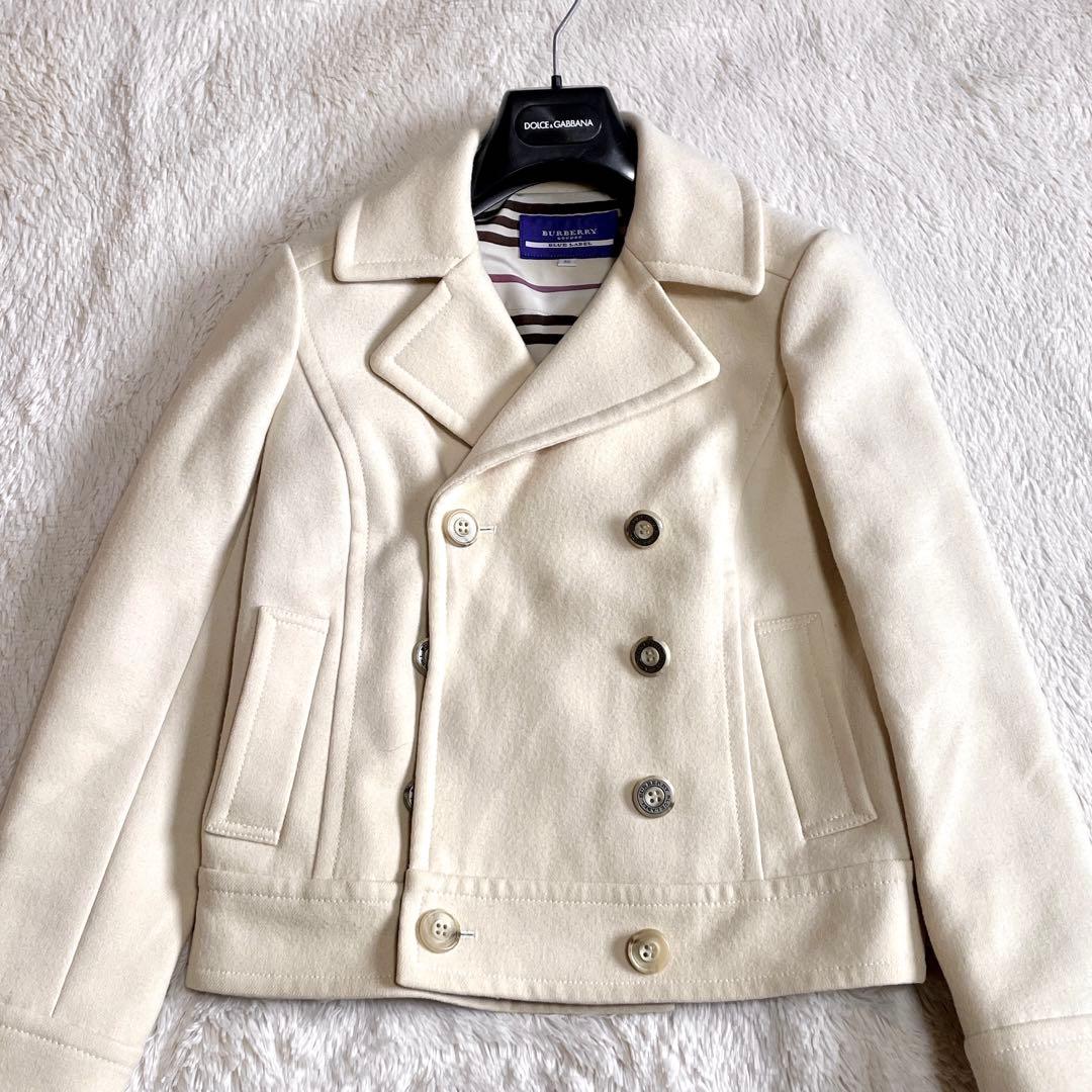 美品 バーバリーブルーレーベル ノバチェック ウール Pコート ジャケット 白